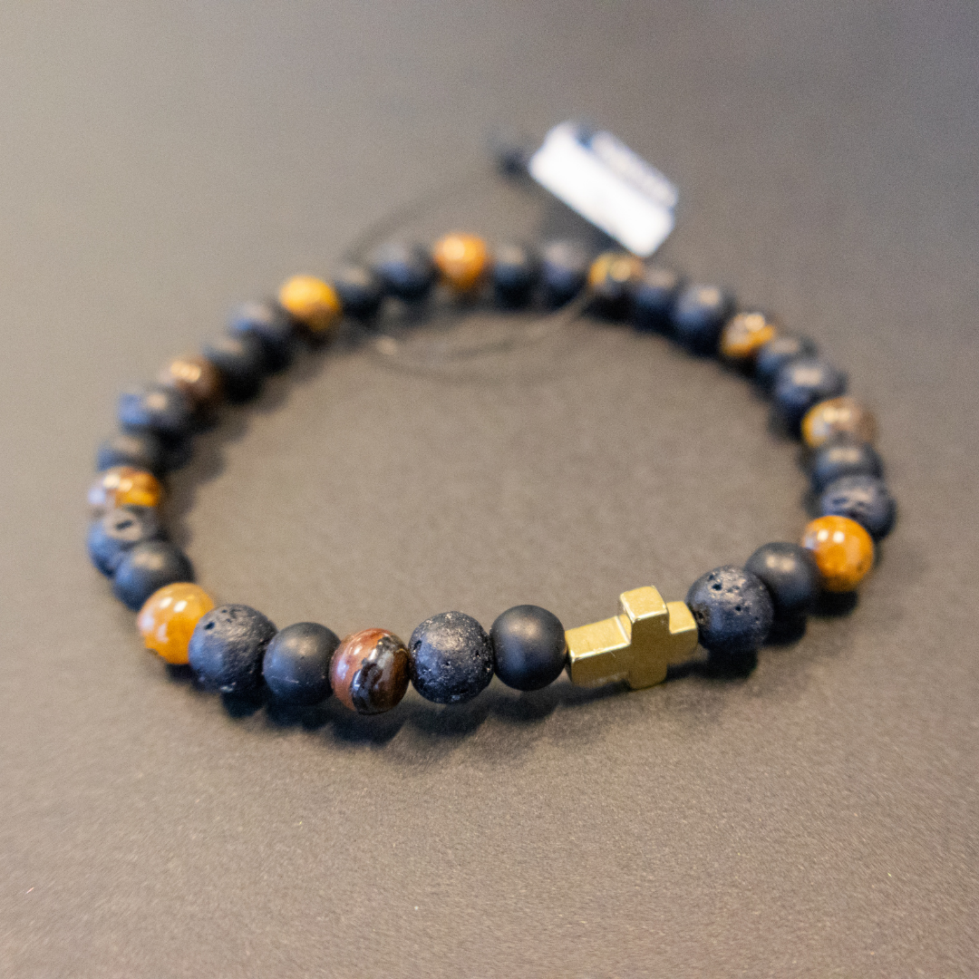 Armbånd - Tigerøje/Lavasten med kors