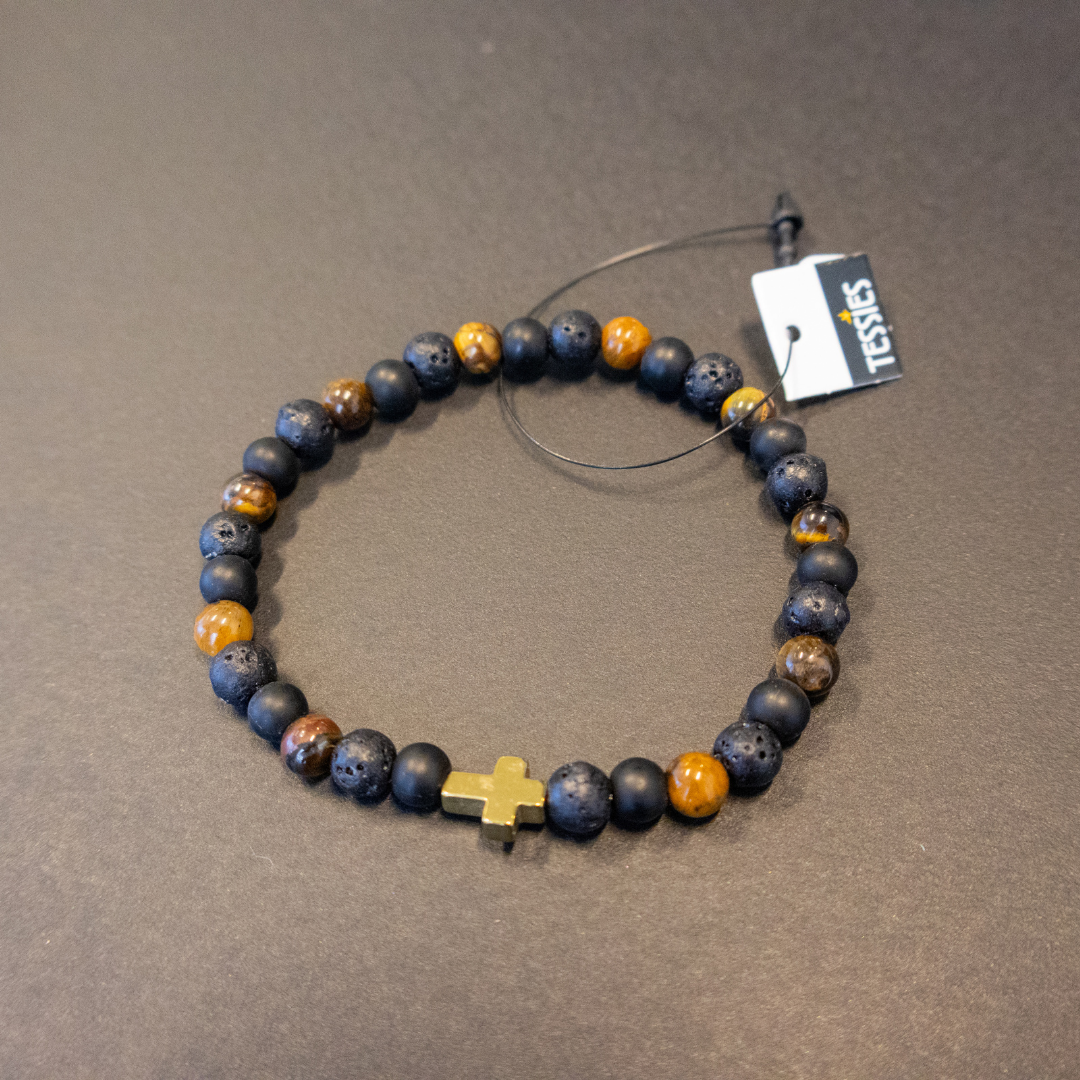 Armbånd - Tigerøje/Lavasten med kors