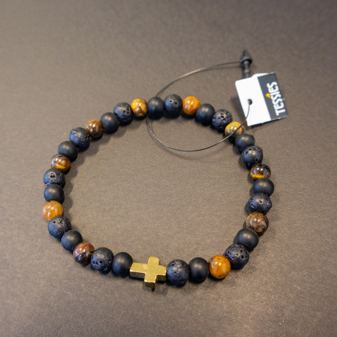 Armbånd - Tigerøje/Lavasten med kors